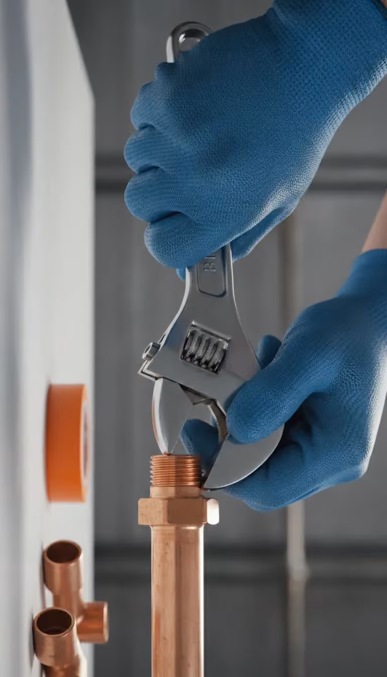 Encanador ajustando uma conexão de tubulação com uma chave